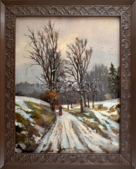 Jelzés nélkül: Téli út alakkal. Olaj, rétegelt falemez. 59X45 cm