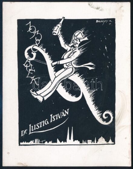 Balázsfy Rezső (1885-1973): Ex libirs BUÉK 1938,Dr Lustig István. Fametszet, papír, jelzett a dúcon, 12×9 cm