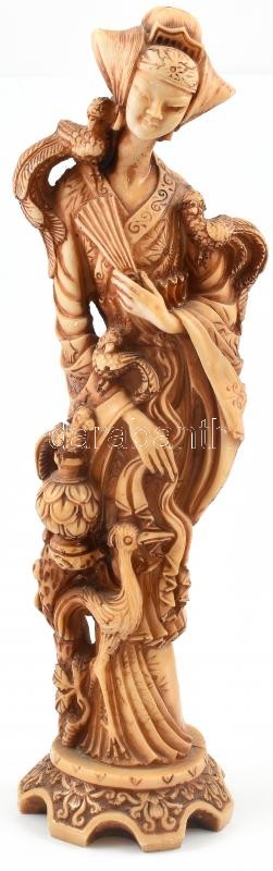 Kínai női figura, jelzés nélkül, antikolt halcsont őrlemény, jelzés nélkül, m: 36 cm
