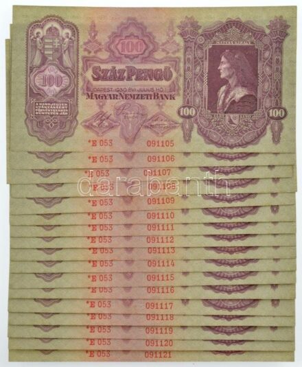1930. 100P (17x) '*E 053 091105-091121' sorszámkövetők T:II-III hullámos papír, folt Adamo P17