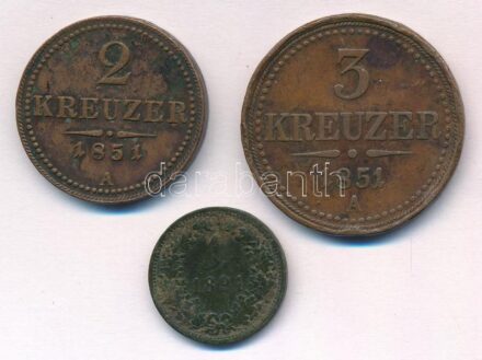 Ausztria 1851A 2kr Cu + 1851A 3kr Cu + 1891. 1kr Cu T:3 ph. Austria 1851A 2 Kreuzer Cu + 1851A 3 Kreuzer Cu + 1891. 1 Kreuzer Cu C:F edge error