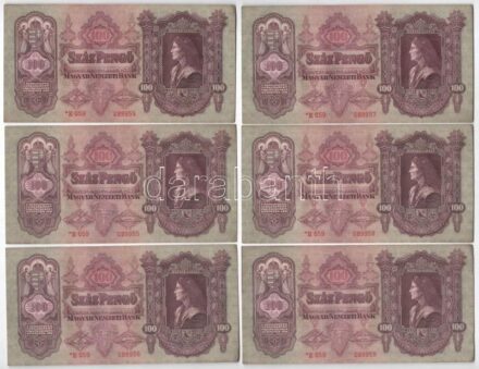 1930. 100P (6x) '*E 059 089954-089959' sorszámkövetők T:II,II- hullámos papír, folt Adamo P17
