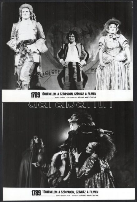 cca 1989 ,,1789 történelem a színpadon, színház a filmen' című francia film jelenetei és szereplői, 13 db vintage produkciós filmfotó, ezüst zselatinos fotópapíron, a használatból eredő kisebb hibákkal, 18x24 cm