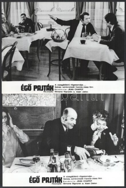 1973 ,,Égő pajták - egy vizsgálóbíró rögeszméje' című francia - olasz film jelenetei és szereplői (köztük Simone Signoret, Alain Delon), 13 db vintage produkciós filmfotó, ezüst zselatinos fotópapíron, a használatból eredő