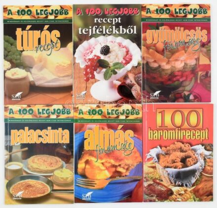 6 db receptkönyv 'A 100 legjobb' sorozatból: Gyümölcsös finomság; Baromfirecept; Túrós recept; Palacsinta; Almás finomság; Recept tejfélékből. Kiadói papírkötés.