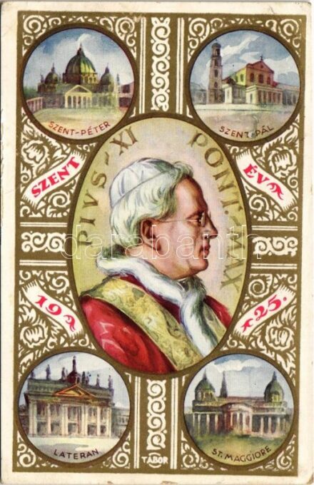 1925 Pius XI Pont. Max. Szent Év Magyarok Nemzeti zarándoklata Rómába. A Nemzeti Újság ingyenes római utazás nyereményjátéka sorsjeggyel / Hungarian National Pilgrimage to Rome. Lottery ticket with trip prize advertisement on the