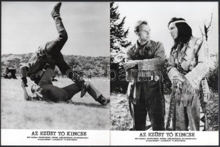 1962 ,,Az Ezüst-tó kincse' című nyugatnémet - jugoszláv film jelenetei és szereplői, 13 db vintage produkciós filmfotó, ezüst zselatinos fotópapíron, a használatból eredő kisebb hibákkal, 18x24 cm