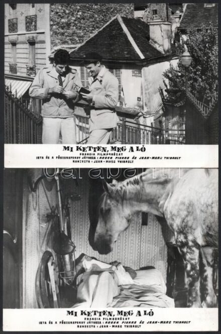cca 1961 ,,Mi ketten, meg a ló' című francia film jelenetei és szereplői (köztük Roger Pierre, Jean-Marc Thibault), 13 db vintage produkciós filmfotó, ezüst zselatinos fotópapíron, a használatból eredő kisebb hibákkal, 18x24 cm