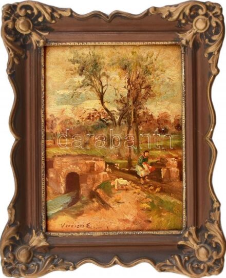 Voróczki E. jelzéssel: Táj alakokkal. Olaj, karton, sérült keretben, 23x17cm