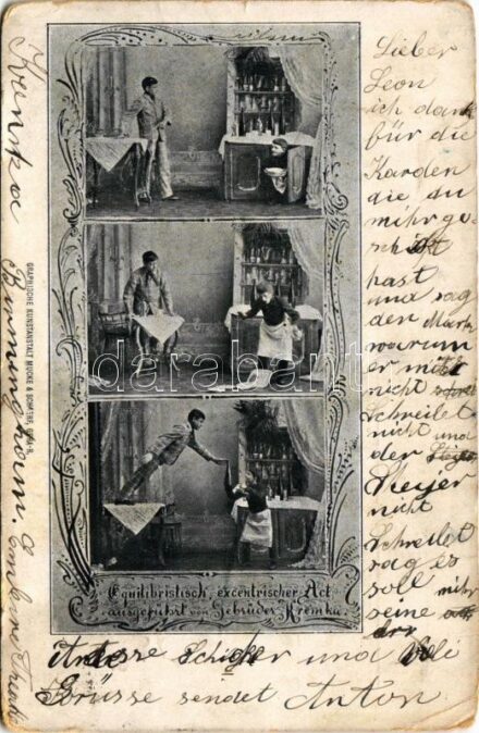 1902 Equilibristisch, excentrisher Act ausgeführt von Gebrüder Kremka / Cirkuszi mutatványosok / Circus acrobats. Art Nouveau (EK)