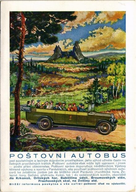 1937 Postovní Autobus. Blizsí informacne poskytne a vse zarídí-postovní úrad na vystavisti / Czech autobus advertisement + '1937 Breclav Smutek Ceskoslovenska' So. Stpl