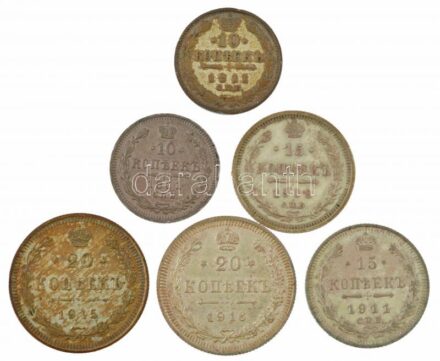 Orosz Birodalom 1861-1916. 10k Ag (2x) + 15k (2x) + 20k Ag (2x) T:2 patina Russian Empire 1861-1916. 10 Kopeks Ag (2x) + 15 Kopeks Ag (2x) + 20 Kopeks Ag (2x) C:XF patina