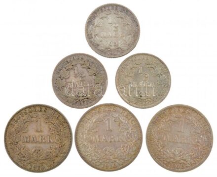 Német Birodalom 1905-1915. 1/2M Ag (3xklf) + 1M Ag (3xklf) T:2,2- patina German Empire 1905-1915. 1/2M Ag (3xdiff) + 1 Mark Ag (3xdiff) C:XF,VF patina
