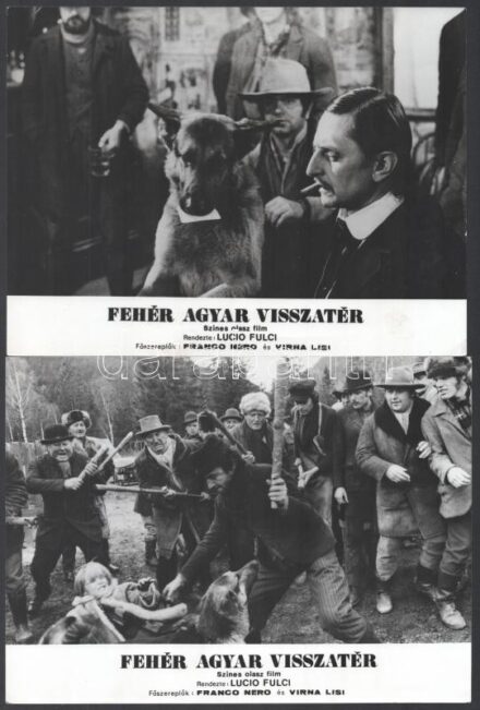 1974 ,,Fehér Agyar visszatér' című olasz film jelenetei és szereplői (köztük Franco Nero, Virna Lisi), 13 db vintage produkciós filmfotó, ezüst zselatinos fotópapíron,a használatból eredő kisebb hibákkal, 18x24 cm