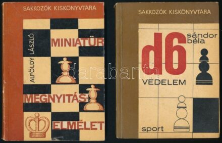 2 Sakkönyv: Alföldy László: Miniatűr megnyitás elmélet, Sándor Béla: d6 védelem. Gyalog- és futóvégjátékok, tisztek gyalogok ellen. Sakkozók kiskönyvtára. Bp., 1969, Sport. Számos szövegközti ábrával illusztrálva. Kiadói