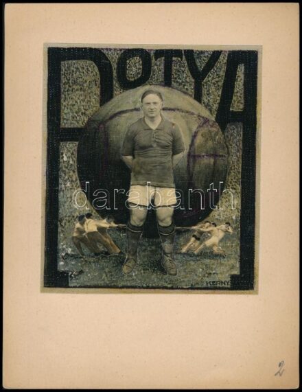 cca 1925 Kerny István budapesti fotóművész hagyatékából, vintage fotómontázs Potyáról, a híres focistáról, a képmezőben feliratozott, 16x14 cm, karton 26x20 cm