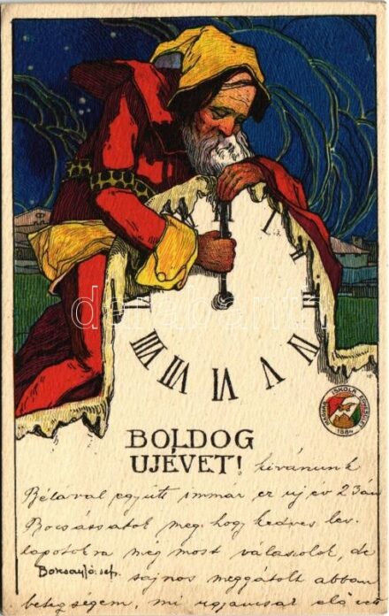 1914 Boldog Újévet! Magyar Iskola Egyesület művészlapja. Magyar Földrajzi Intézet R.T. s: Boksay József
