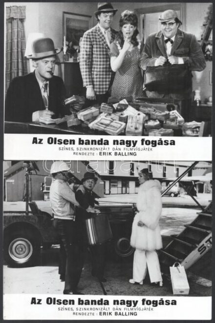 1972 ,,Az Olsen banda nagy fogása' című dán film jelenetei és szereplői, 10 db vintage produkciós filmfotó (a használatból eredő kisebb hibákkal), ezüst zselatinos fotópapíron, 18x24 cm