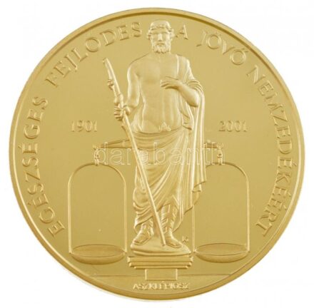 Kósa István (1953-) 2001. 'Richter Gedeon RT. 2001 Centenárium / Egészséges fejlődés a jövő nemzedékéért - Aszklépiosz' aranyozott fém emlékérem sérült díszdobozban, tanúsítvánnyal (42,5mm) T:1 (eredetileg PP)