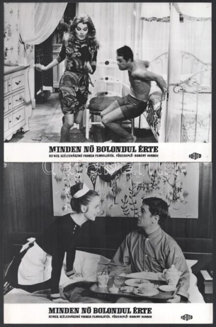 1967 ,,Minden nő bolondul érte' című francia film jelenetei és szereplői (köztük Robert Hirsch), 13 db vintage produkciós filmfotó (a használatból eredő kisebb hibákkal), ezüst zselatinos fotópapíron, 18x24 cm