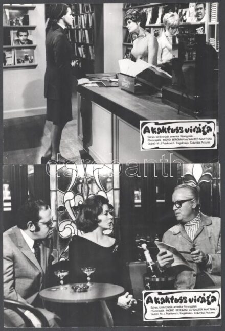 1969 ,,A kaktusz virága' című amerikai film jelenetei és szereplői (köztük Ingrid Bergman, Walter Matthau), 7 db vintage produkciós filmfotó (a használatból eredő kisebb hibákkal), ezüst zselatinos fotópapíron, 18x24 cm