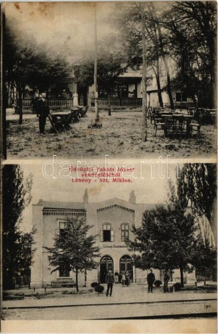 Mosonszentmiklós, Lébény-Szentmiklós, Lébénymiklós; Lébény-Szentmiklós vasútállomás, Takáts József vendéglője + 'WIEN - GYŐR - BUDAPEST 352 B' vasúti mozgóposta bélyegző (vágott / cut)