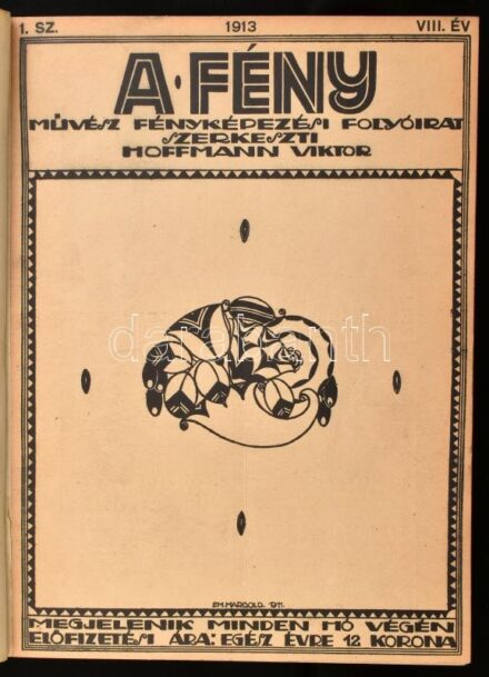 1913 A Fény. Művész fényképezési folyóirat. Szerk.: Hoffmann Viktor. VIII. évf. (1-12. sz.) Teljes évfolyam, egybekötve. Bp., Hornyánszky Viktor-ny. Fekete-fehér képekkel, hirdetésekkel. Korabeli egészvászon-kötésben,