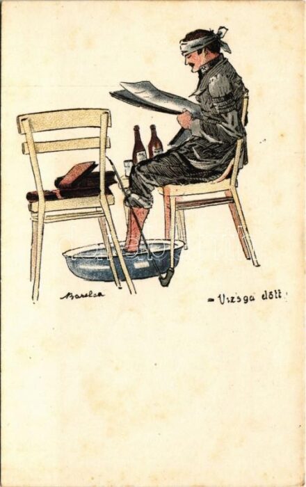 Selmecbánya, Schemnitz, Banská Stiavnica; Vizsga előtt. A Selmeci Diákéletből XVI. Studentika. Röttig-Romwalter nyomda rt. Sopron / Studentica art postcard s: Bartha L. (fl)