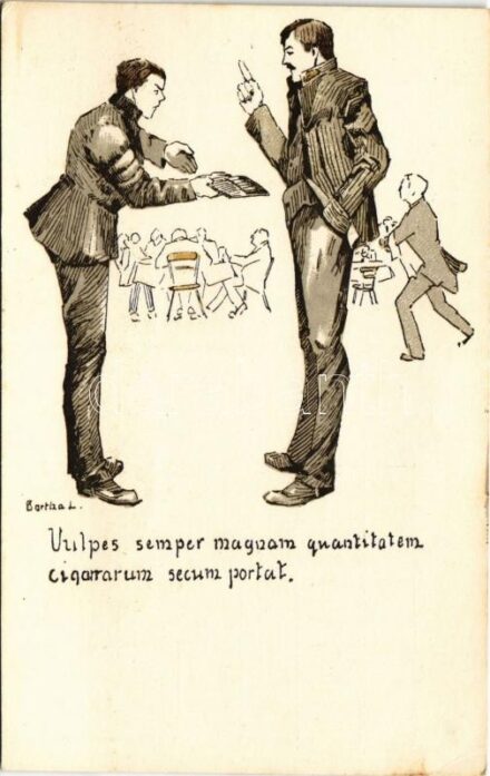 Selmecbánya, Schemnitz, Banská Stiavnica; Vulpes semper magnam quantitatem cigarrarum secum portat. A Selmeci Diákéletből VI. Studentika. Röttig-Romwalter nyomda rt. Sopron / Studentica art postcard s: Bartha L. (EK)