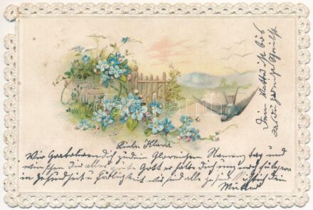 ~1900 Csipke hatású virágos dombornyomott litho üdvözlő képeslap / Lace style embossed floral litho greeting art postcard (szakadás / tear)