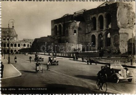 1948 Roma, Rome; Basilica Massenzio / street view, automobiles, bicycles (EK)