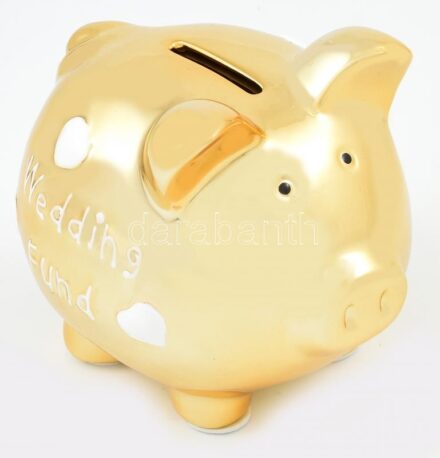 Aranyozott porcelán malacpersely, 'Wedding Fund' felirattal, jelzés nélkül, újszerű állapotban, h: 13 cm