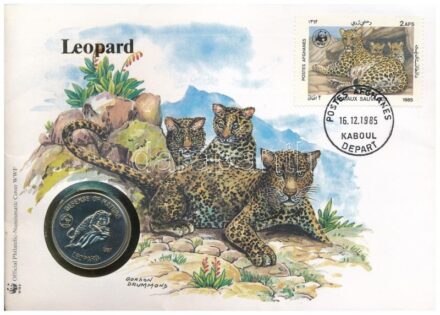 Afganisztán 1987. 50A Cu-Ni 'Világ Vadvédelmi Alap (WWF) - Leopárd' emlék kiadás érmés borítékban, bélyeggel és bélyegzéssel, német nyelvű ismertetővel T:BU patina Afghanistan 1987. 50 Afghanis Cu-Ni ' World Wildlife Fund -
