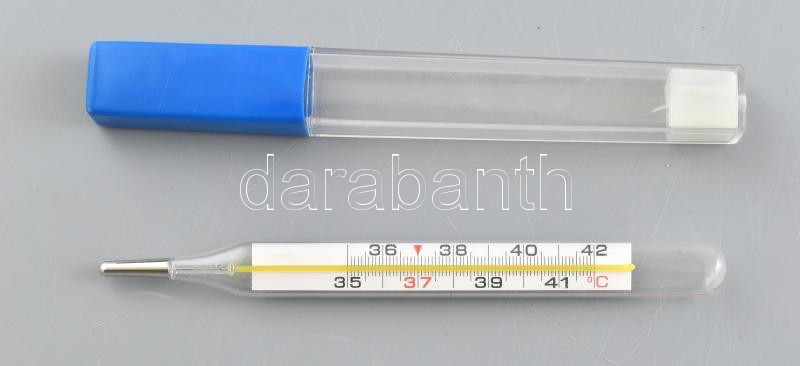 Lázmérő tokban, higanyos.