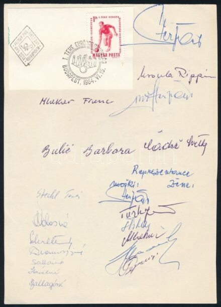 1964 I Teke Európa bajnokság emléklap a sportolók aláírásaival / Autograph signature of European bowling championship contestants