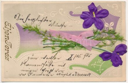 1905 Éljen Teréz! Névnapi üdvözlet rátéttel / Art Nouveau Name Day greeting with applique