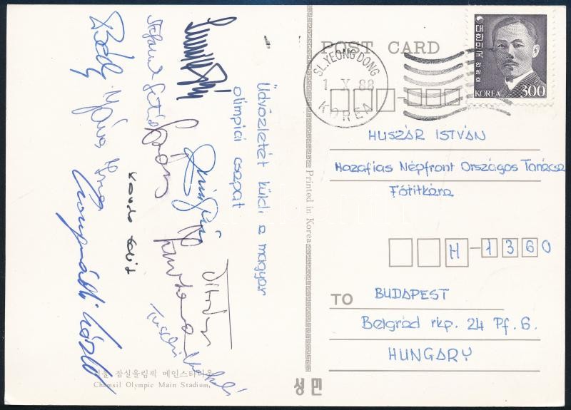1988 Szöuli olimpia a magyar vívó csapat tagjai áltat aláírt képeslap Csongrádi László, Kardos, Stefanek Gertrúd, Fábián László, Hegedűs Ferenc, Kolczonay Ernő, Pásztor Szabolcs, Székely Zoltán, stb
