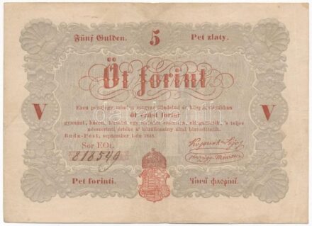 1848. 5Ft 'Kossuth bankó' vörösesbarna 'EOt 818549' T:III Adamo G109