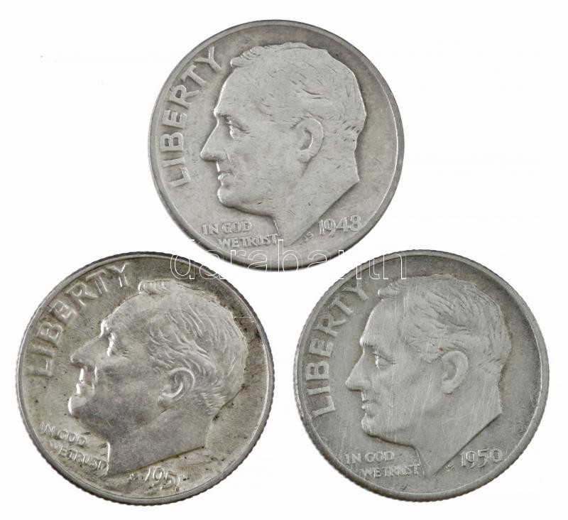 Amerikai Egyesült Államok 1948-1951. 1d Ag 'Roosevelt' (3xklf) T:2,2- USA 1948-1951. Dime Ag 'Roosevelt' (3xdiff) C:XF,VF Krause KM#195 - Image 2
