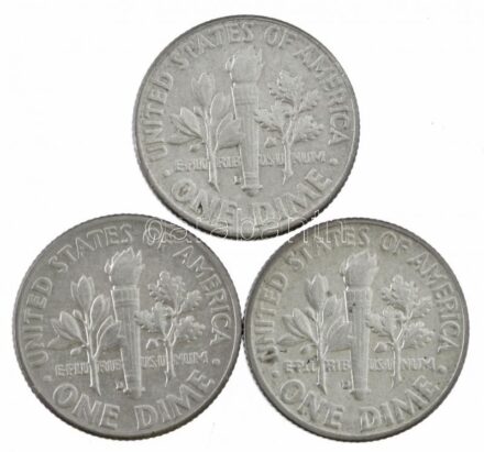 Amerikai Egyesült Államok 1961-1963. 1d Ag 'Roosevelt' (3xklf) T:2 USA 1961-1963. Dime Ag 'Roosevelt' (3xdiff) C:XF Krause KM#195