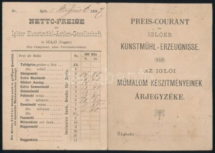 1887 Az Iglói műmalom készítményeinek árjegyzéké, hátoldalán a malom litografált képével 18x13 cm / Igló, SK,: Spišská Nová Ves mill preis list with litho image of the mill 18x13 cm