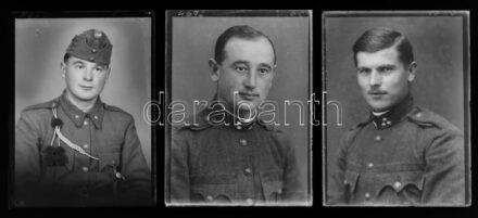 cca 1945-1950 között készült portrék és egész alakos felvételek KATONÁKról, 23 db vintage üveglemez negatív a kiskunfélegyházi ,,Marika fotóműterem' hagyatékából, 10x15 cm és 6x9 cm között
