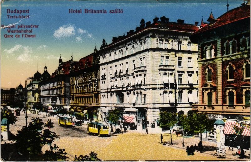 Budapest VI. Teréz körút, Nyugati pályaudvar, Hotel Britannia szálloda, villamos, gyógyszertár (EB)