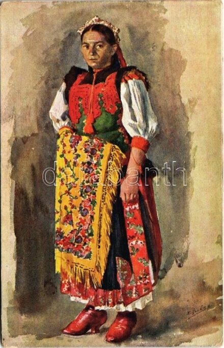 Magyar népviselet XXVI. sorozat. Jákótelki leány (Kalotaszeg, Erdély) / Ungarische Volkstypen aus Jákótelke (Siebenbürgen) / Transylvanian folklore from Horlacea s: Edvi Illés Aladár