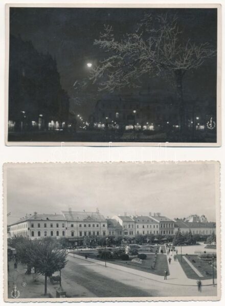 Kolozsvár, Cluj; Tér nappal és éjjel - 2 db régi képeslap / square during the day and at night - 2 pre-1945 postcards