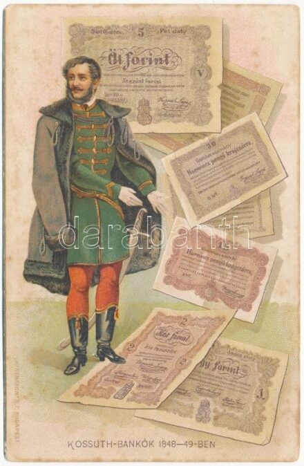~1908. Kossuth Lajost és Kossuth bankókat ábrázoló litográf képeslap