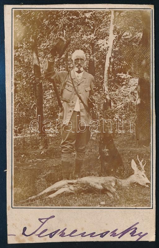 cca 1910 báró Jeszenszky Kálmán? / Sándor? vadászaton elejtett őzbakkal. Vizitkártya 6x10 cm