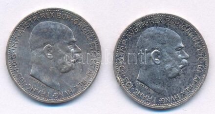 Ausztria 1915. 1K Ag (2x) 'Ferenc József' T:2,2- patina, ph Austria 1915. 1 Corona Ag (2x) 'Franz Joseph' C:XF,VF patina, edge error Krause KM#2820
