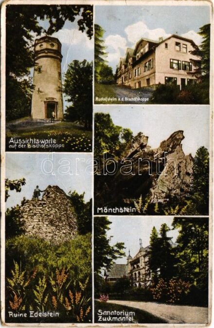 1929 Zlaté Hory, Zuckmantel; Aussichtswarte auf der Bischofskoppe, Rudolfsheim, Mönchstein, Ruine Edelstein, Sanatorium Zuckmantel / lookout tower, sanatorium (fa)