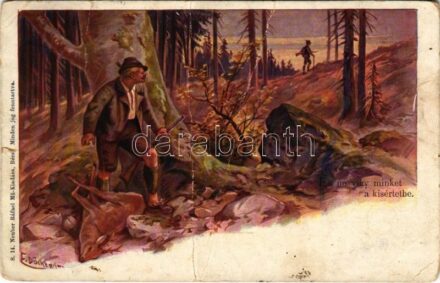 1900 És ne vígy minket a kisértetbe. Neuber Ráfael Mű-Kiadása S. 14. / Hunter art postcard s: Döcker (fa)